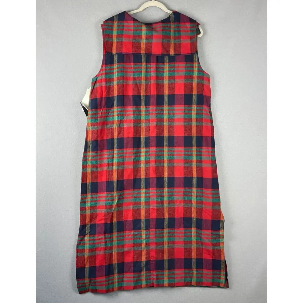 Vintage Lady Dorby Linen Dress Women 20WP Plaid Midi Shawl Collar Cottage NEW - Picture 8 of 14